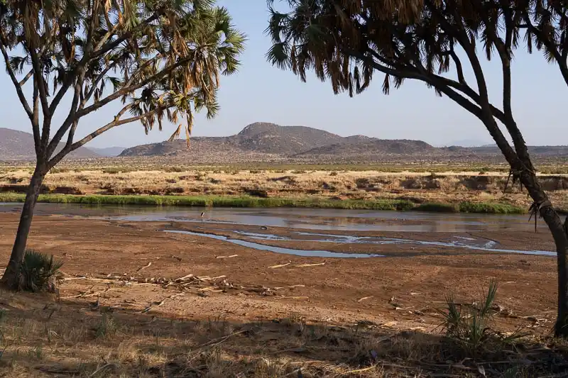 Dry riverbed and hills in the Samburu landscape